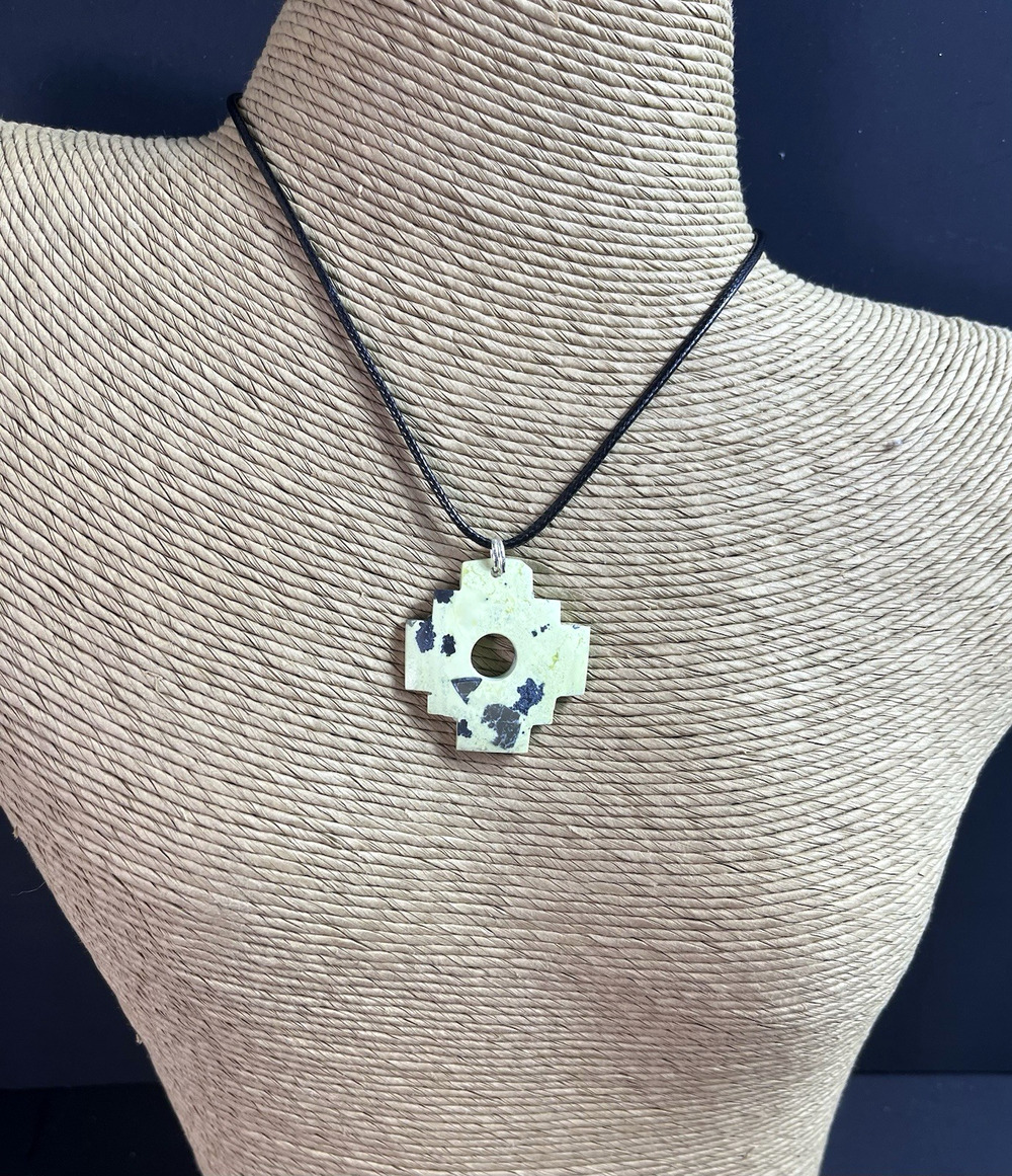 Serpentine Natural Stone Chakana Pendant Handmade in Peru 1.5" Inca Cross